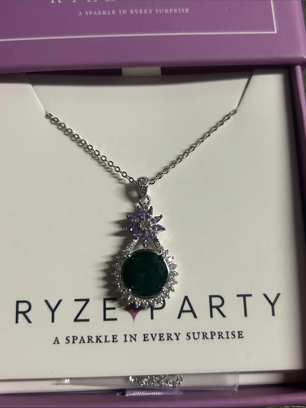 Ryze Party Purple & Green Crystal Pendant Necklace -‎ Sterling Silver